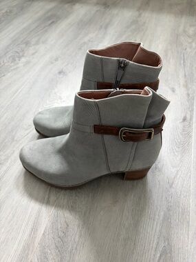 Dansko Gray Ankle Booties with Brown Strap